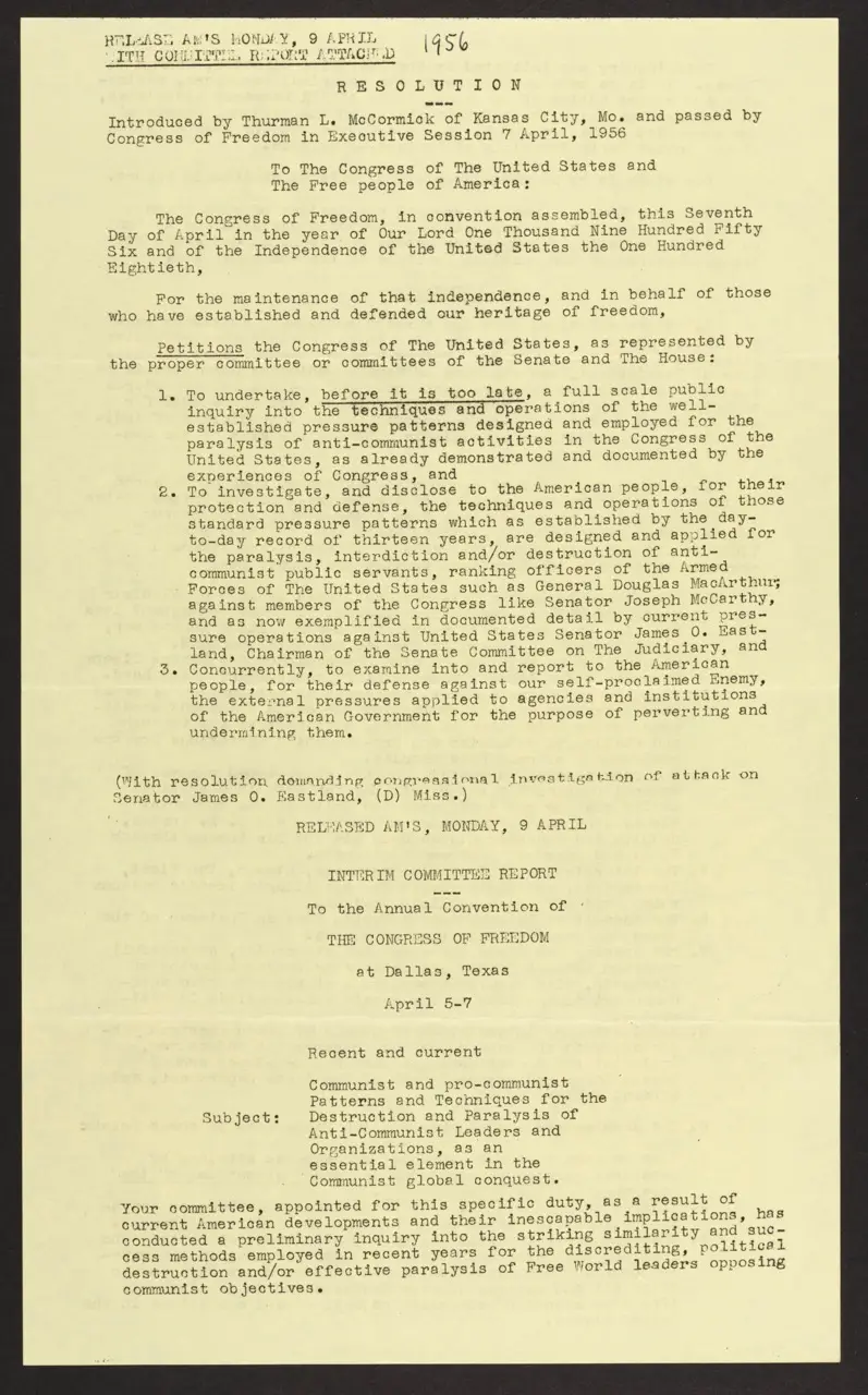 Document: “Resolution and Interim Committee Report—Congress of Freedom (April 5–7, 1956)”