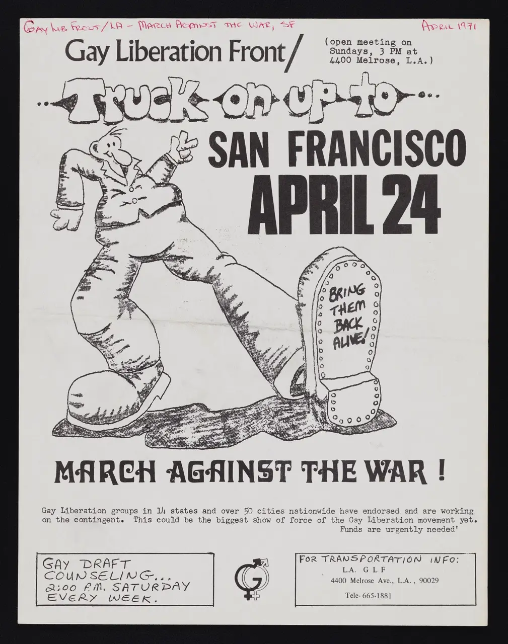 Flyer: “Truck on Up to San Francisco April 24—March Against the War!”