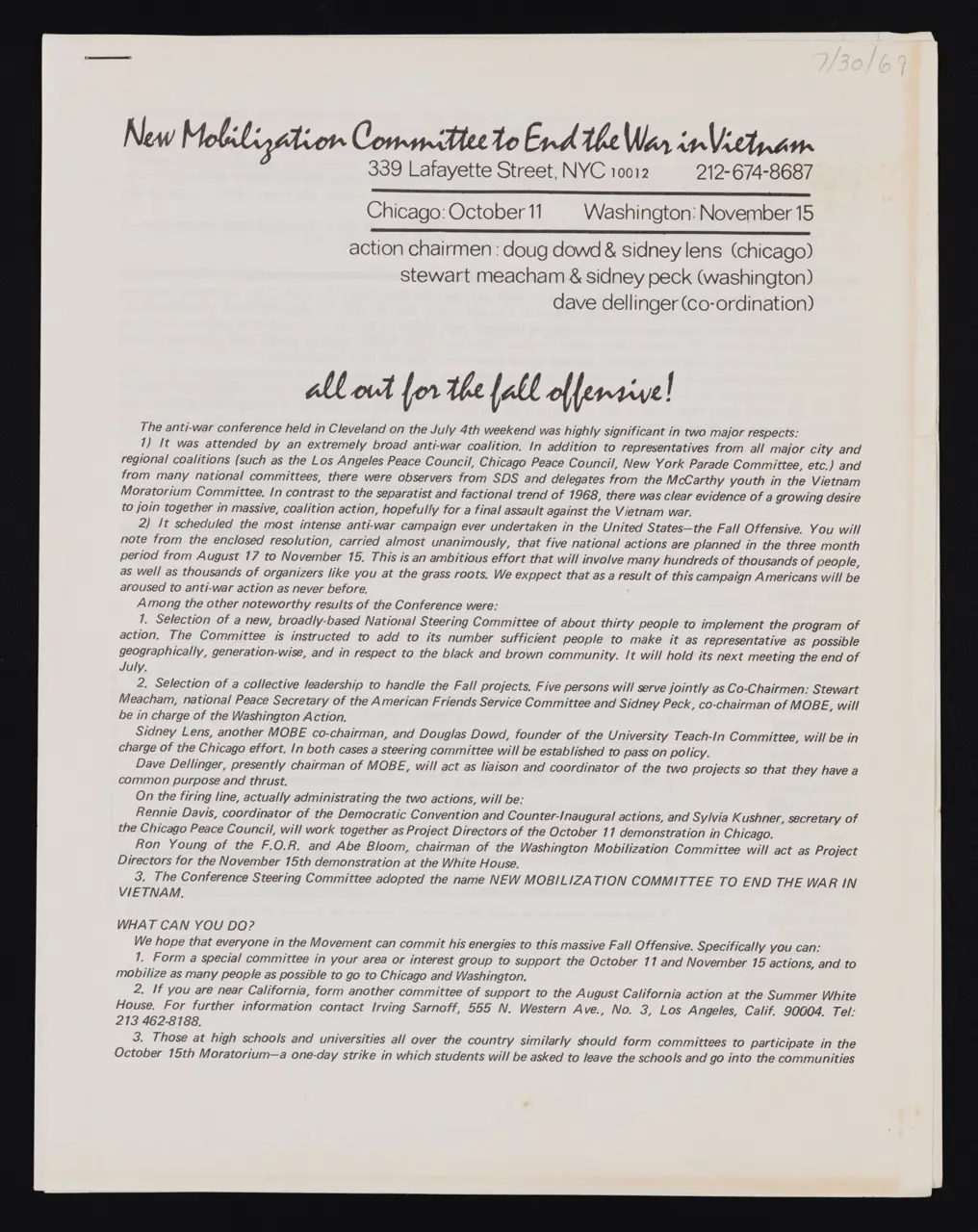 Newsletter: “New Mobilization Committee to End the War in Vietnam—All Out for the Fall Offensive!”