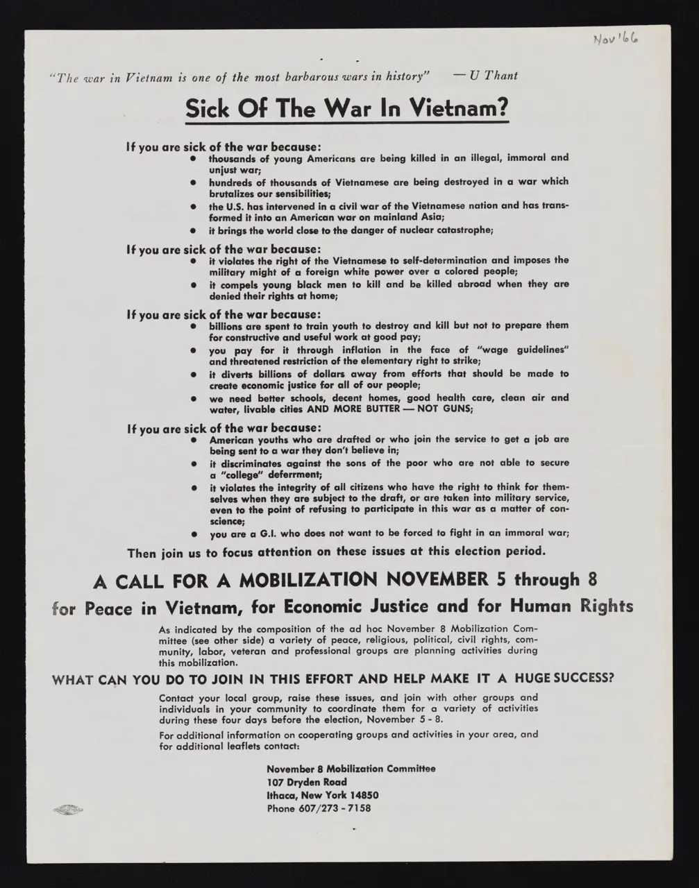 Flyer: “Sick of the War in Vietnam? A Call for Mobilization, November 5–8”