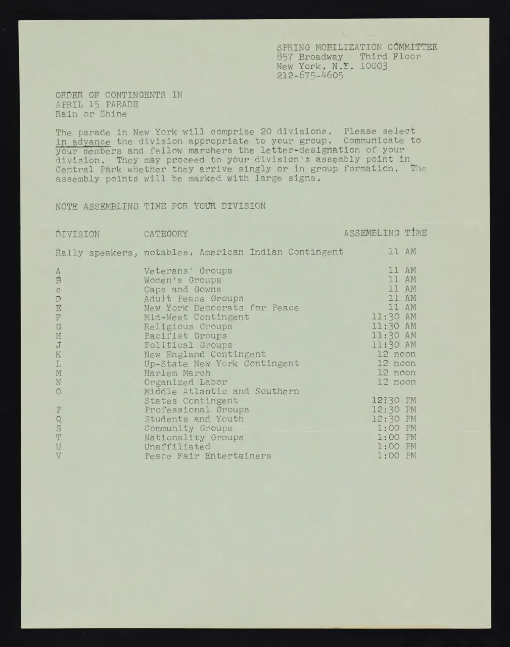 Information Sheet: “Order of Contingents in the April 15 Parade”
