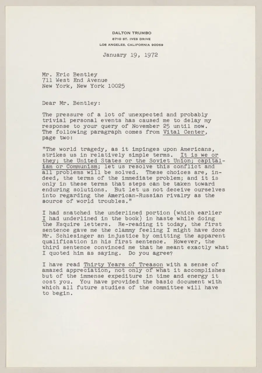 Letter: “Dalton Trumbo to Eric Bentley, January 19, 1972”