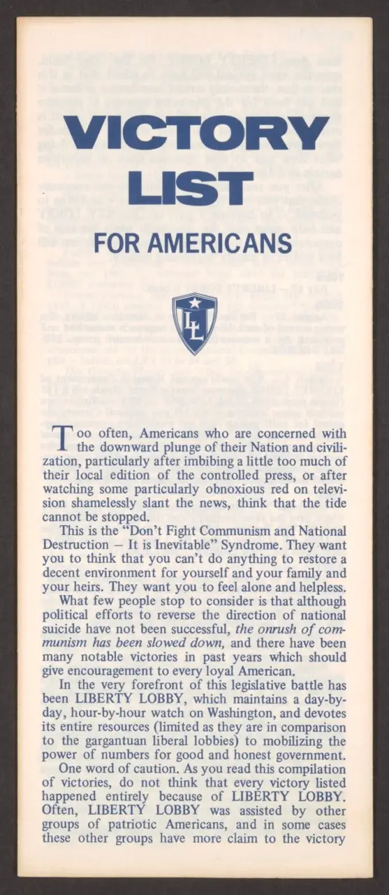Pamphlet: “Victory List for Americans”
